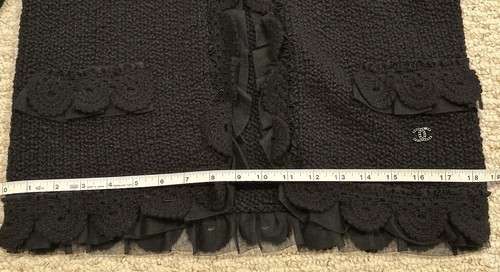 CHANEL Black Cashmere Sweater/Cardigan with Ruffled Mesh Trim, Logo, Size 42 - Picture 11 of 21