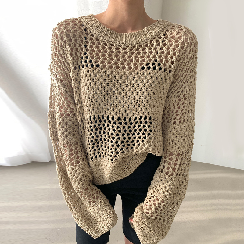 Lady Long Sleeve Knit Hollow Out Top Shirt Round Neck Blouse