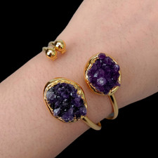 Unique Real Natural Ovalshape Amethyst Druzy Raw Gold Color Open Bangle Bracelet