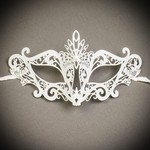 White Elegant Laser Cut Metal Women's Mask Masquerade Party Costume Eye Mask - Picture 2 of 4