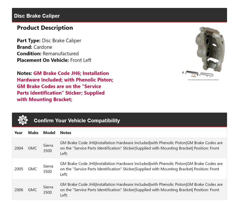 Pinza de freno de disco delantera izquierda Cardone 2005 para GMC Sierra 3500 2004-2006 Foto 2 de 4