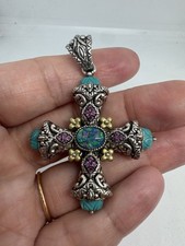 MIB Barbara Bixby Sterling 18K YG Opal-Turquoise & Pink Garnet Cross Pendant