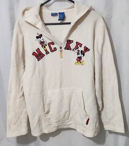 Y2K Disney Mickey Mouse White 1/4 zip Kangaroo Pocket Pullover Hoodie Size L 