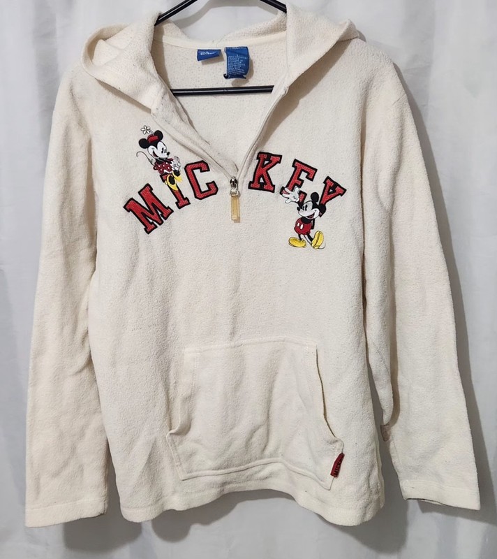 Y2K Disney Mickey Mouse White 1/4 zip Kangaroo Pocket Pullover Hoodie Size L 