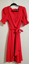 Tommy Hilfiger Midi Dress Red Faux Wrap Puff Sleeve Holiday Size 10 Cottagecore