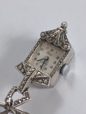 Elco Ladies Vintage Nurses Brooch Watch Ribbon Marcasite Manual Wind