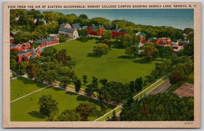 Hobart College Campus Geneva NY Seneca Lake 1943 Postcard Aerial View