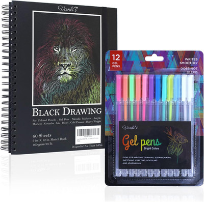 Hardcover Black Paper Sketchbook & 12 Pack Ball Point Gel Pens Set - 2 White & 1