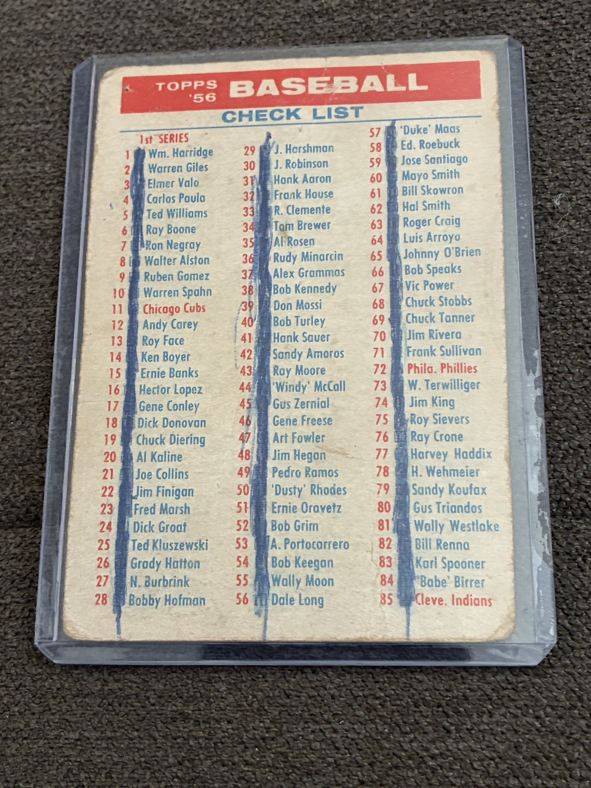 Checklist 1-100, 181-260 Baseball Cards 1956 Topps trading card — raw and PSA graded price guide