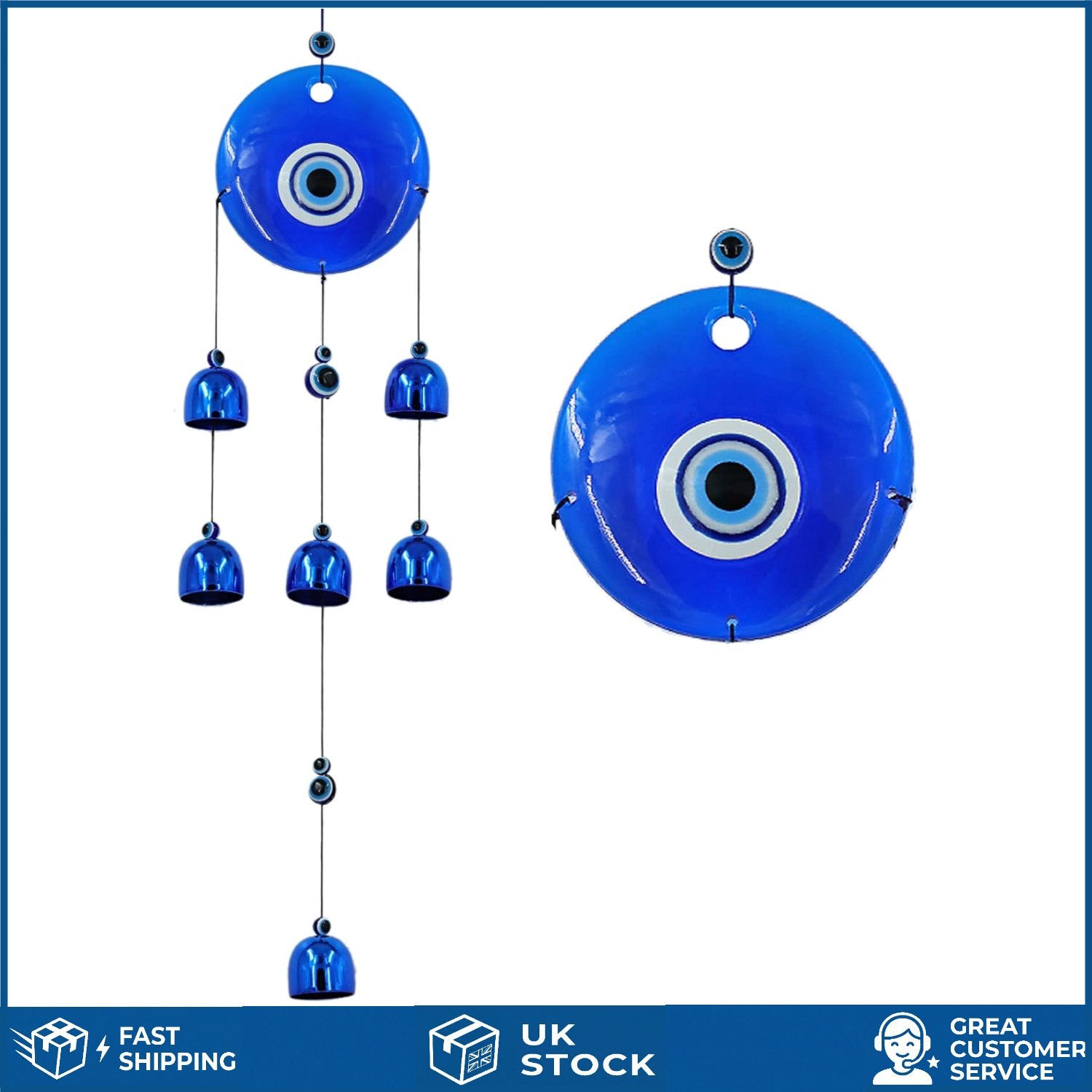 Vibrant Blue Evil Eye Wind Chime Hanging Protection Amulet Decor 6 Bell 52cm