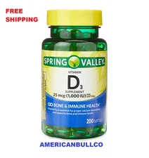 Spring Valley Vitamin D3 25 mcg (1000 IU) Softgels Supplement 200 Count