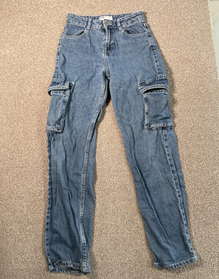 Bershka Damen Cargohose Hose Blue Jeans Gr.34 Cargo Straight Loose