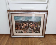 Quadro Dipinto Olio su Tela Vintage Paesaggio Borgo Firmato A Di Michele 78x98