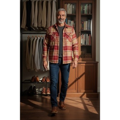 Columbia Mens Plaid Flannel Button Down Shirt Red Tan Roll Tab Sleeve XL XL4532