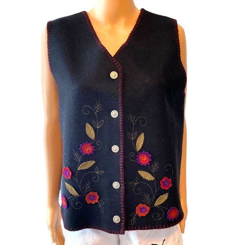 VTG Lemon Grass Wool Nylon Floral Embroidery Vest Women Sz M Old Money Holiday - Picture 1 of 7
