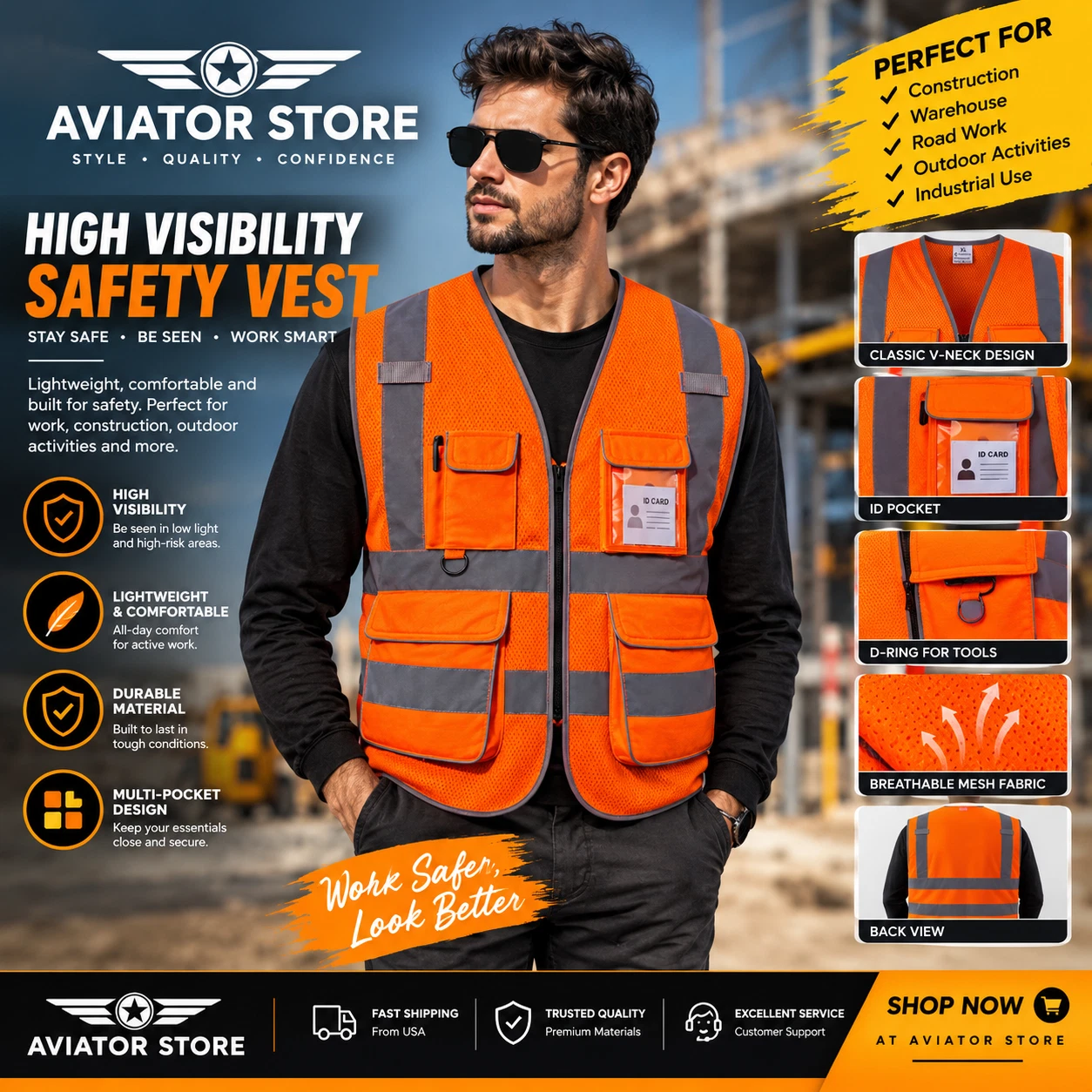 Super Duty Mesh High Visibility Safety Vest for Operations Black, Yellow, Orange - product detail image 7