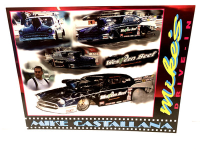 2001 MIKE CASTELLANA WESTERN BEEF PRO MOD 1957 CHEVY DRAG RACING POSTCARD