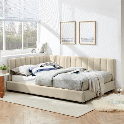 Full Size Daybed Velvet Upholstered Bed Frame Sofa Bed for Bedroom Beige US