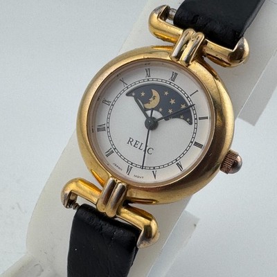 VTG Japan Movt Quartz Watch Women Moon Phase Gold Tone Leather Analog New Batter