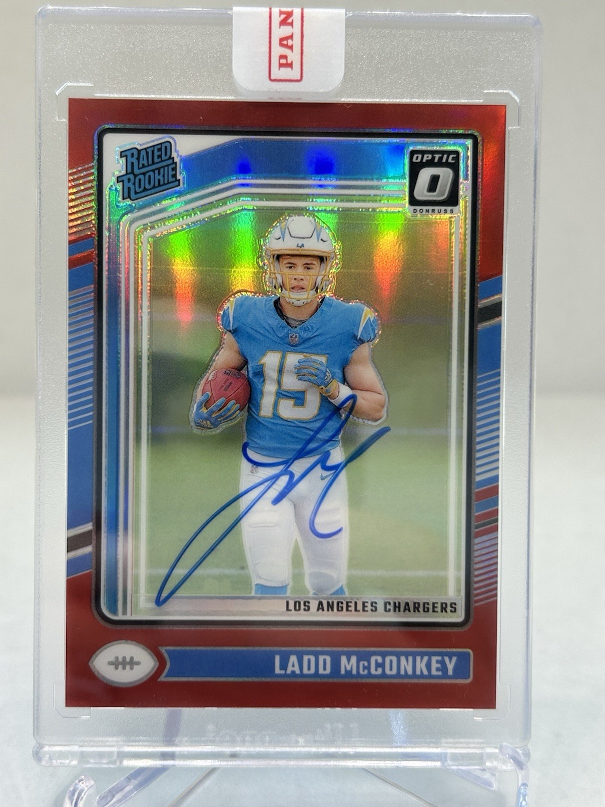 2024 Panini Optic Ladd McConkey Rated Rookie Red On Card Auto /75 Chargers