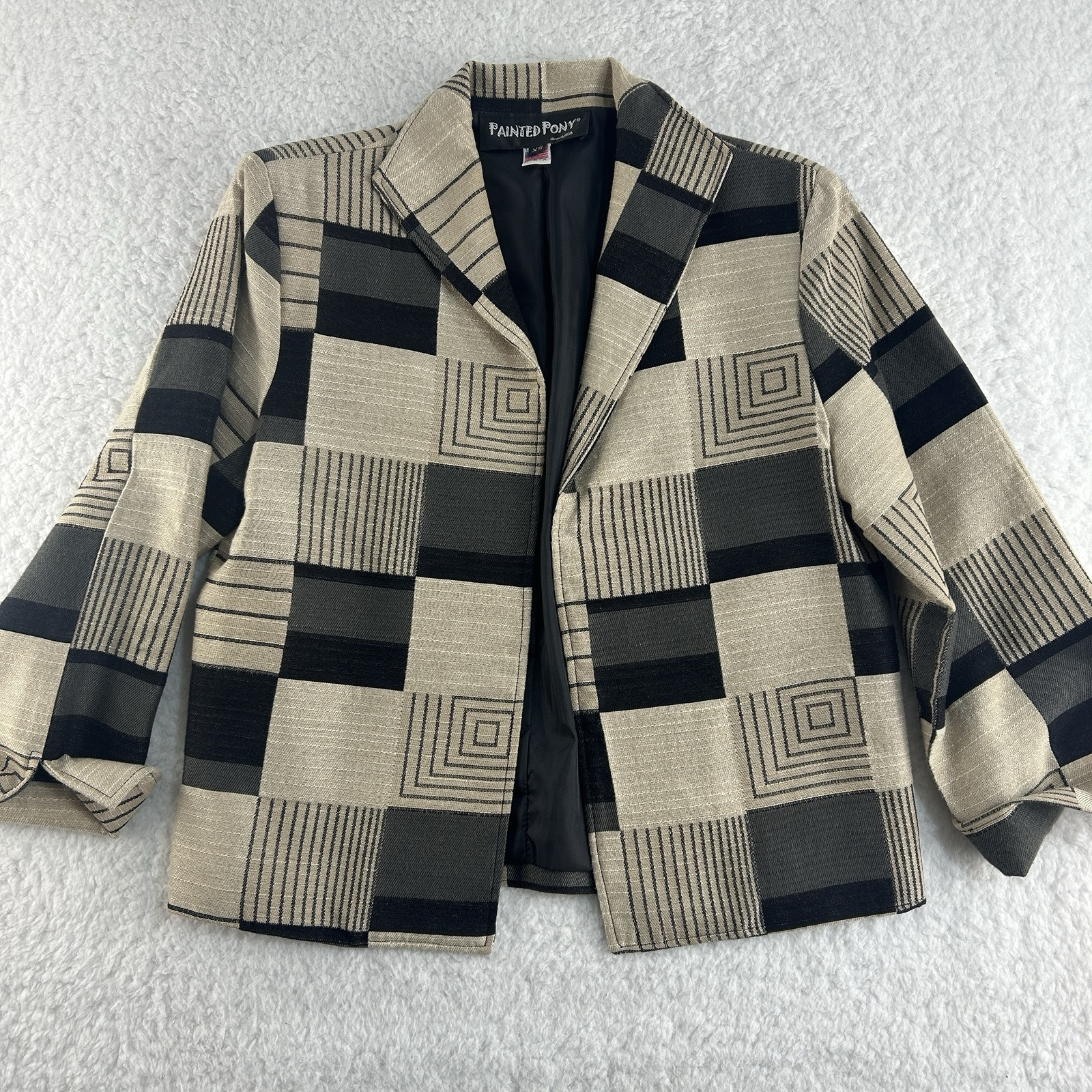 Blazer donna vintage dipinto pony XS giacca geometrica spalline made in USA