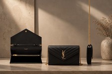 Saint Laurent Black Chevron Chain Wallet w/ Logo Accents, Credit Card Slots