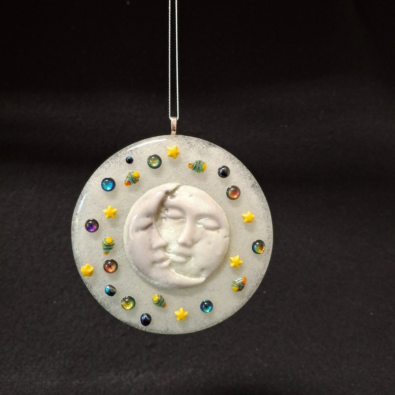 Glow In The Dark Fused Art Glass Sun Catcher Of The Moon & Stars OOAK By O'Dare