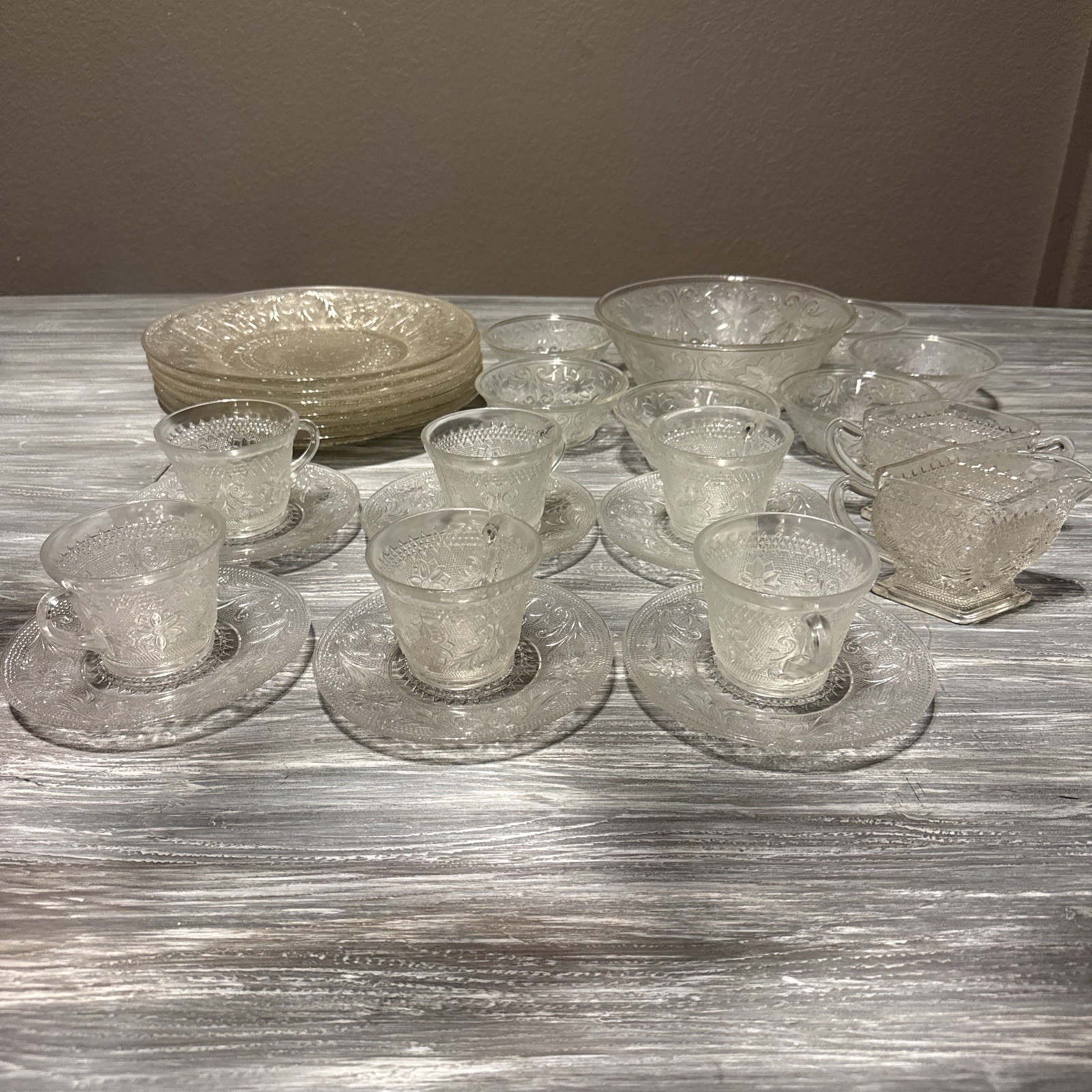 Vintage Tiara Indiana Sandwich Clear Glass Set with 6 Cups Saucers Bowl and Salad Plates
