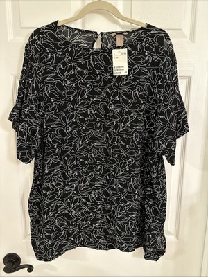 H&M Black White Swans Short Sleeve Crepe Blouse Sz 22 (2X) NWT