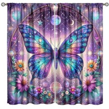 Fantasy Purple Floral Butterfly Curtains Universe Sun Moon Starry Sky Scenery...