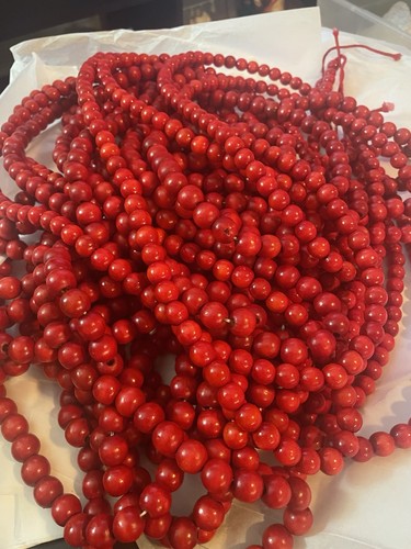 LOT OF 8 RED/CRANBERRY WOODEN BEAD CHRISTMAS TREE GARLAND 9 FT EACH/COUNTRY DECO