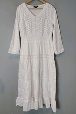 NAOO Cotton White Crochet Lace Tiered Flowy Boho Cottage Maxi Dress Sz L Resort