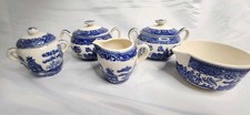 Vintage Blue Willow Lot Condiment Set Creamer Gravy Boat Lidded Bowls
