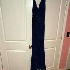 Blue Sequin Satin Long Gown Sleeveless V-Neck Strappy Formal Party Dress