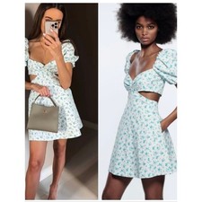 Zara Cut Out Floral Print Puff Sleeve Mini Dress Size Small NWT