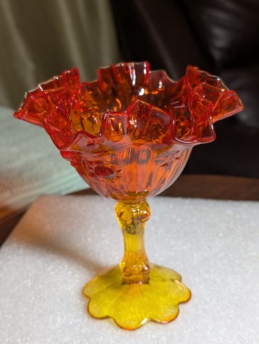 Fenton Vintage Amberina Cavolo Rosa Ruffle Composta Rosso Arancio Giallo Piatto Vetro - Foto 2 di 10