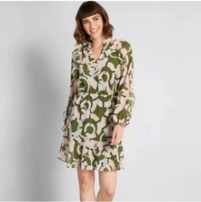 Hutch Medusa Moments Green Pink Mini Ruffle Long Sleeve Mini Dress Size L