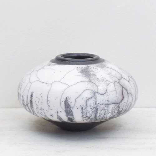 Vintage black and white wide naked raku vase