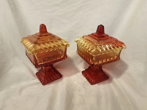 2 Vintage Jeanette Wedding Box  Amberina Red Yellow Square Pedestal Candy Dishes