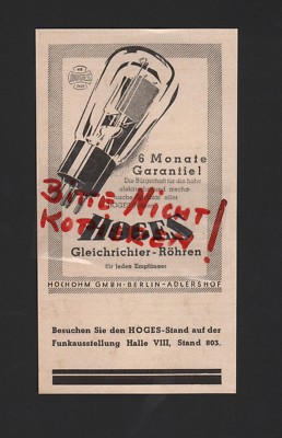 BERLIN-ADLERSHOF, Werbung 1937, Hoges Gleichrichter-Röhren Hochohm GmbH