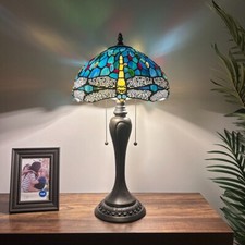 Tiffany Style Table Lamp Green Blue Stained Glass Dragonfly LED Bulbs 22"H 12"W
