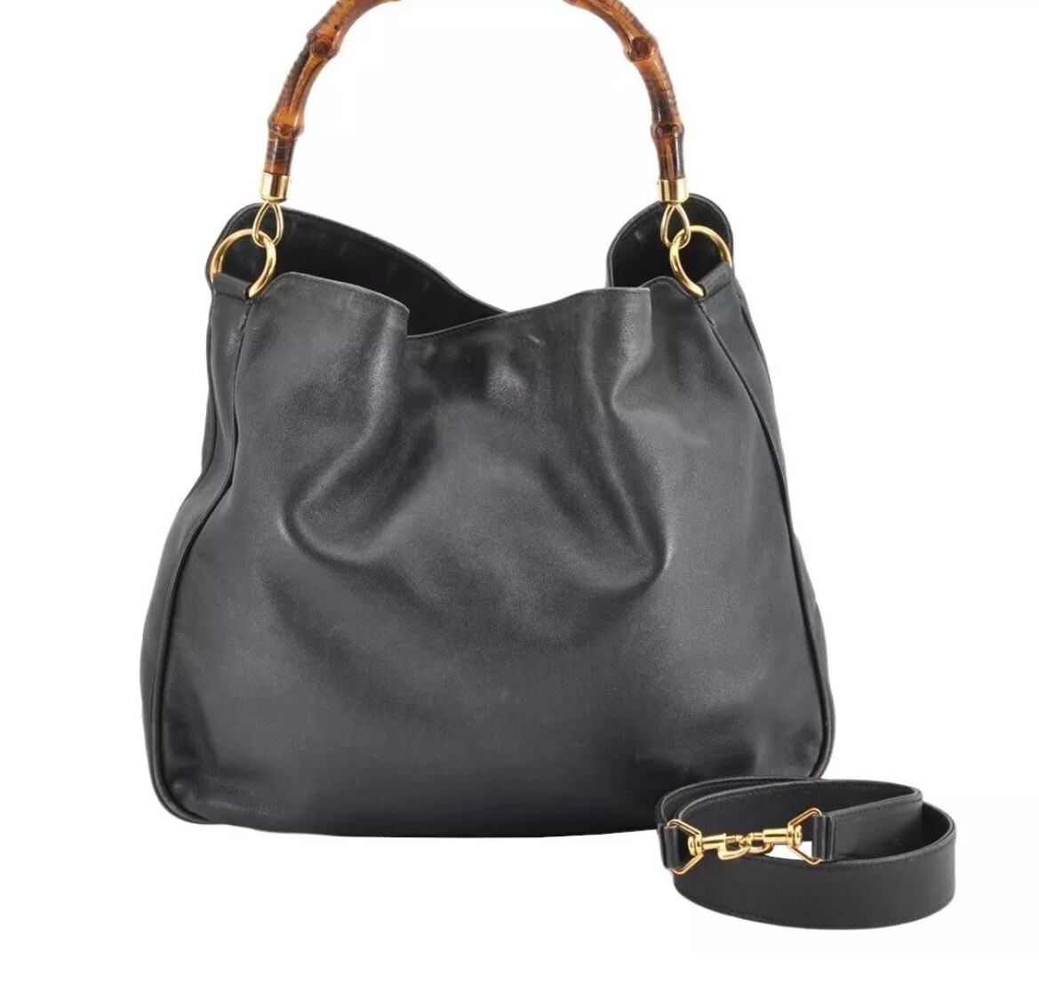 Gucci Black Leather Bamboo Handle Bag with Adjustable Strap  