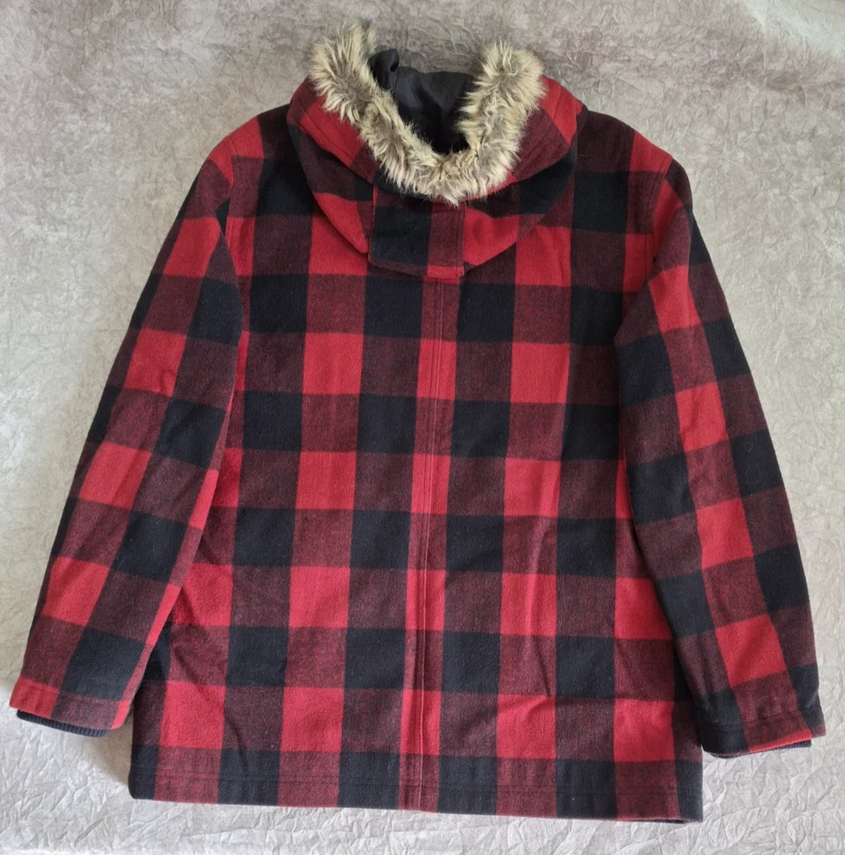 Aeropostale Wool/Poly Pea Coat Jacket Faux Fur Hood Red/Black Plaid Men L (XL) - Image 4 of 4