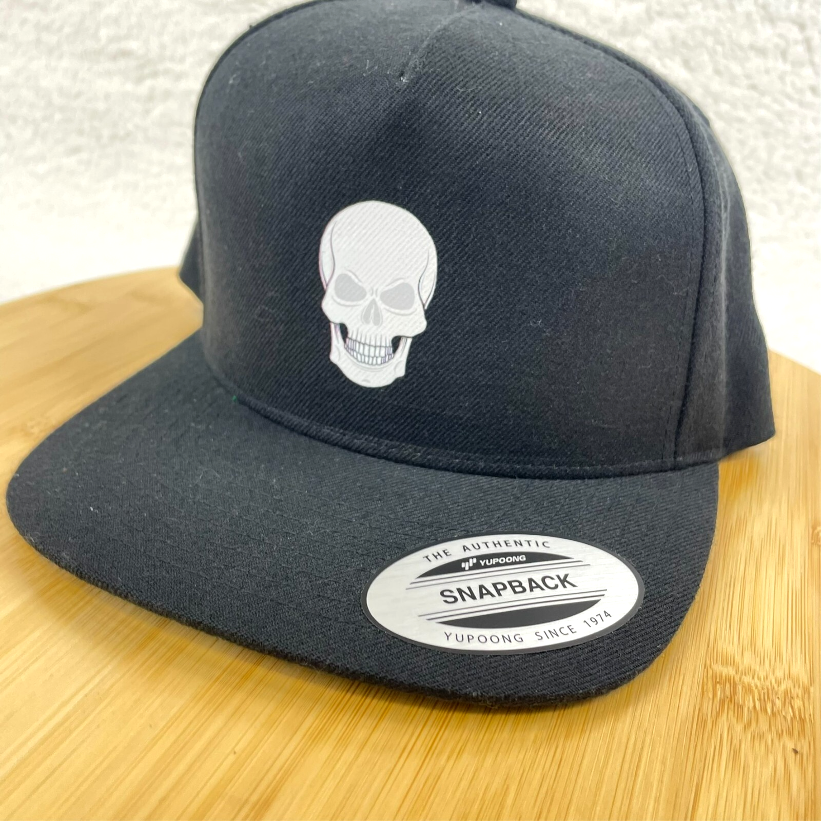 Men's Black Wool Skull Graphic Snapback Hat Adjustable Flat Bill