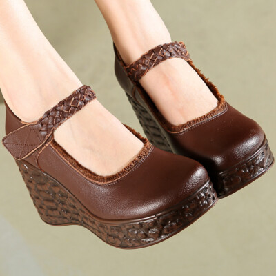 Fashion Women Retro Platform Wedge Heels Round Toe Leather Spring Shoes  size