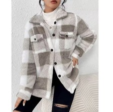 Women's Oversized Plaid Fleece Shacket Winter Button Down Teddy Jacket Coat