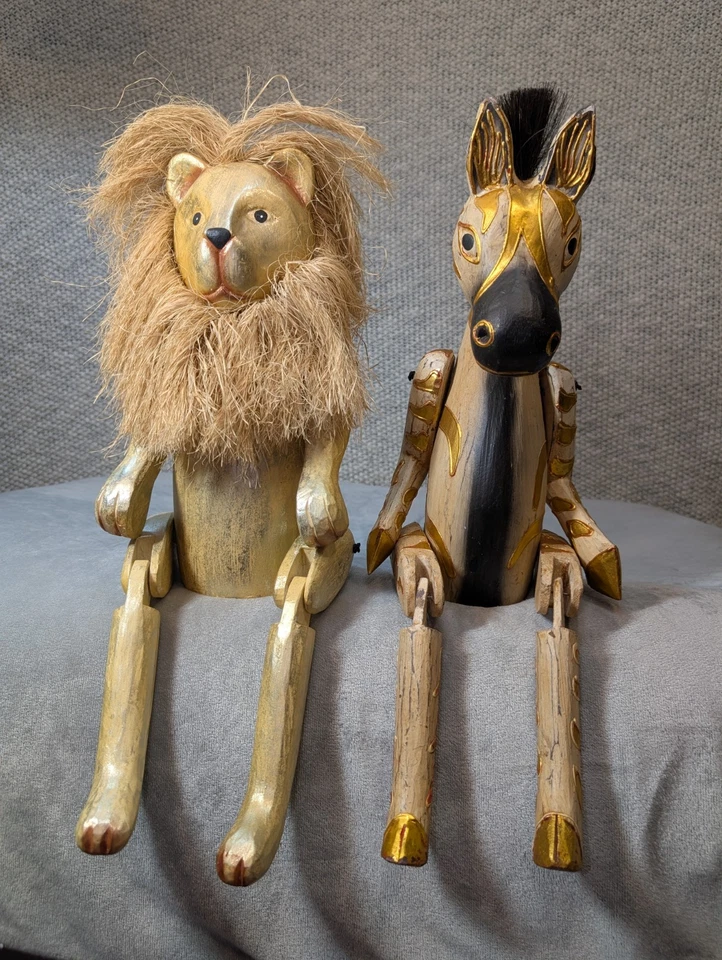 Pier 1 Wood Folk Art Jointed Lion/Zebra Shelf Sitter Hand Carved Nursery Rustic - Image 4 of 4