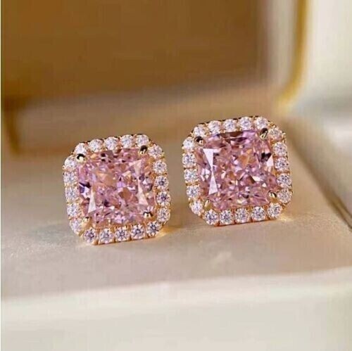 14K Yellow Gold Plated 2.20Ct Cushion Simulated Pink Sapphire Halo Stud Earrings