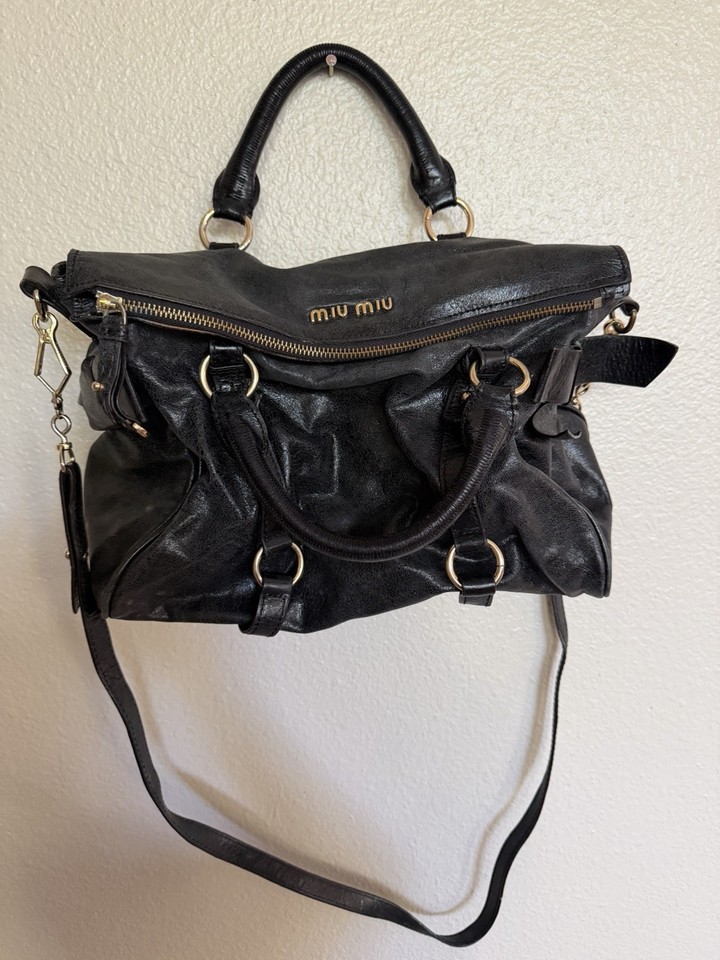 Miu Miu Black Leather Bow Bag Satchel Shoulder Bag Gold Hardware