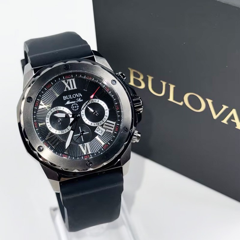 Bulova Marine Star 98B259 Black Dial Grey Silicone Strap Quartz Men's Watch 44MM